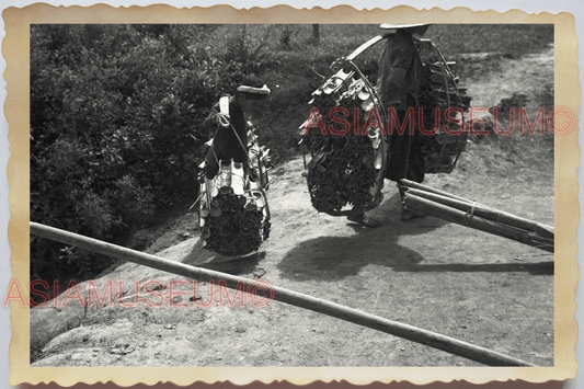 40s WW2 Vietnam HANOI MAN COOLIE YOKE CARRY MATERIAL JUNGLE Vintage Photo 04233