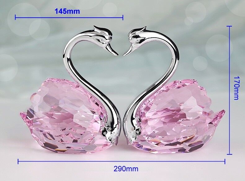 HUGE BIG PAIR SWAN PINK CRYSTAL WEDDING VALENTINE'S FIGURINE SILVER WHITE GOLD