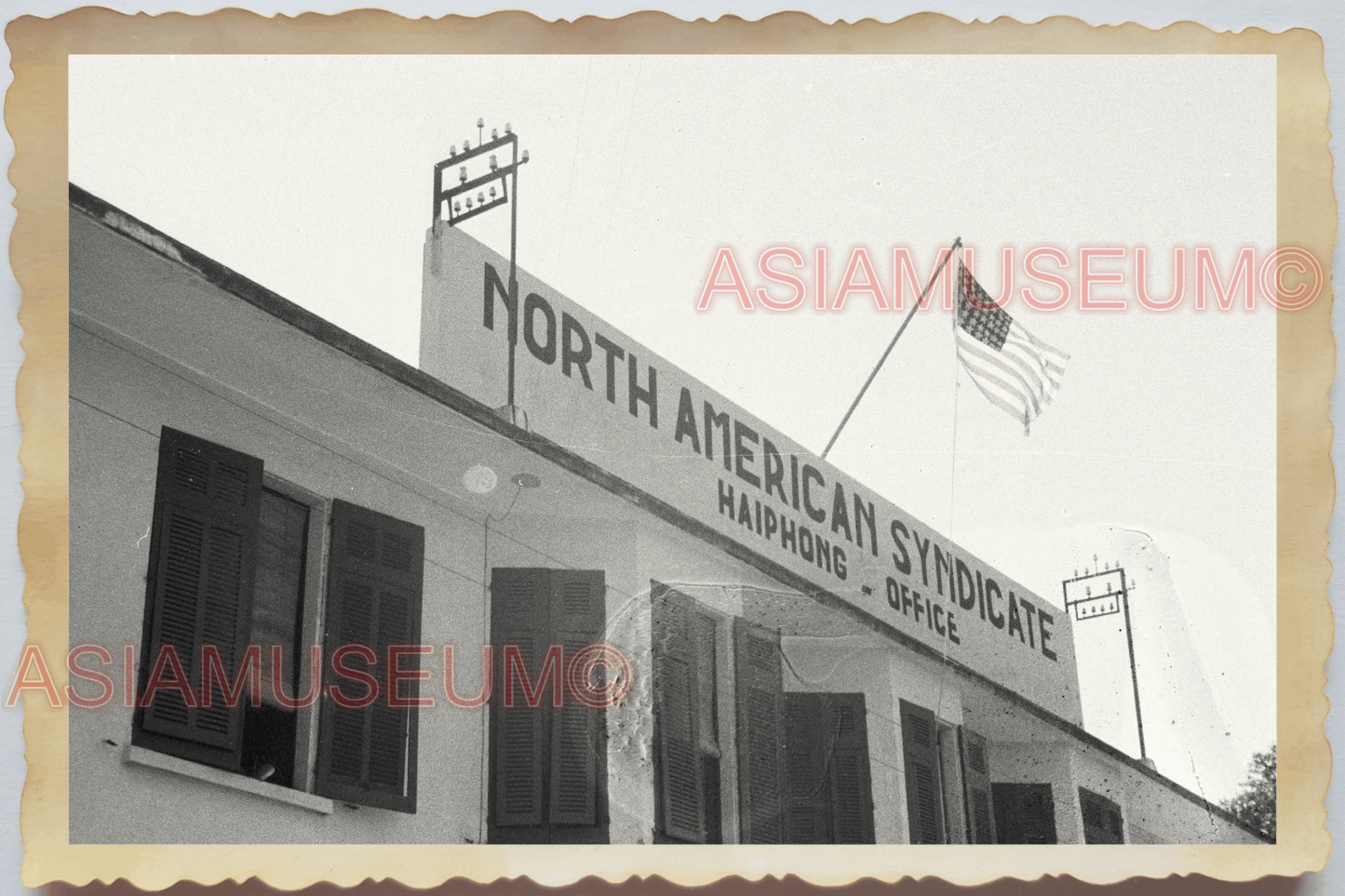 40s Vietnam HAI PHONG NORTH AMERICAN BUILDING OFFICE FLAG WAR Vintage Photo 4358