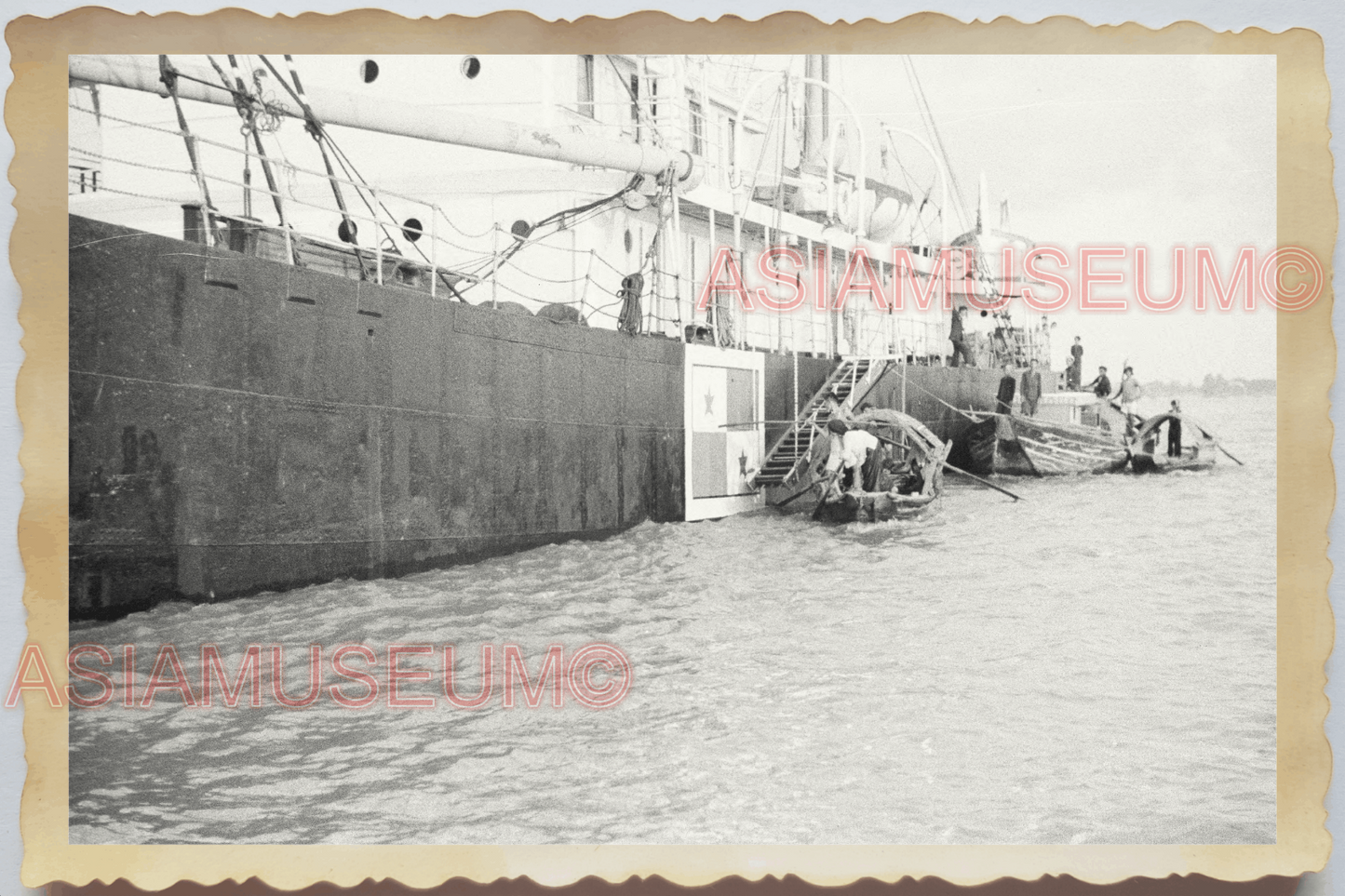 40s WW2 Vietnam HANOI PIER HARBOR CARGO SHIP TUPPER TOW BOAT Vintage Photo 04240