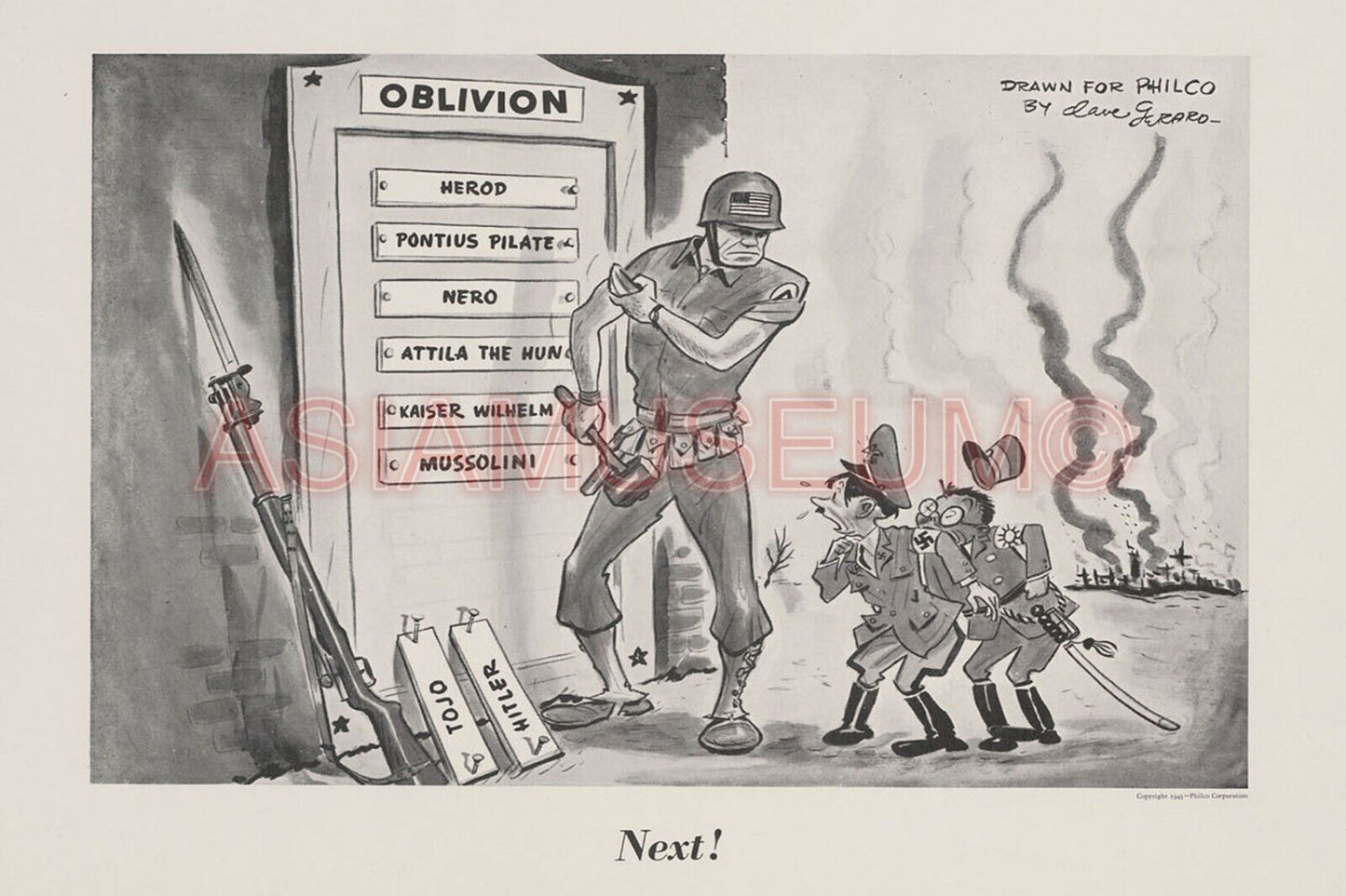 1945 WWii AMERICA PENCIL DRAWING SOLDIER COMIC CARICATURE PROPAGANDA Postcard