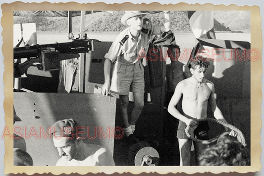 40s WW2 Vietnam FRENCH TOPLESS ARMY BOAT SHIP WAR GUN FRANCE Vintage Photo 25664