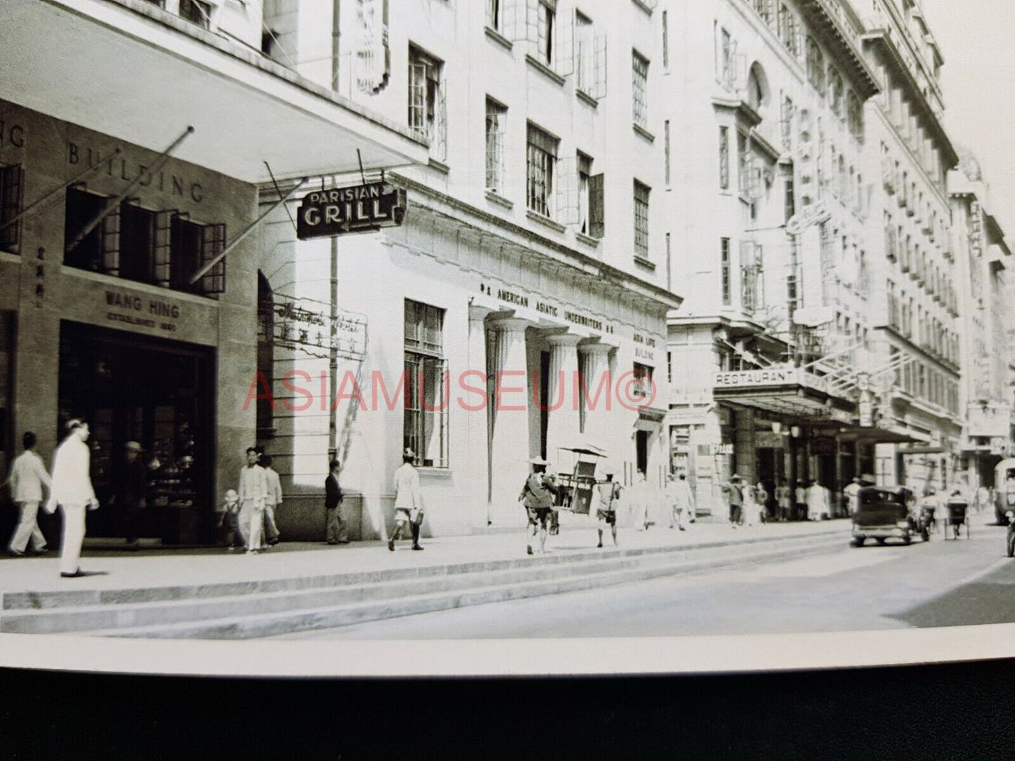 Car Bus America Building Queen's Road  Hong Kong Photo b&w Postcard RPPC 1590