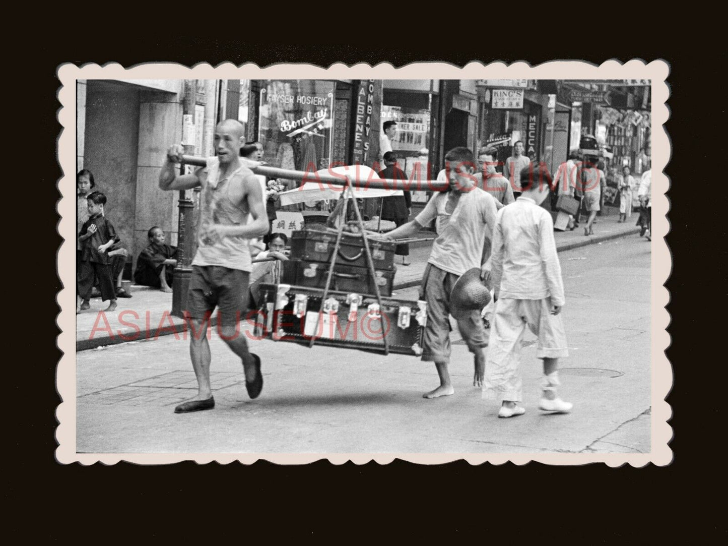 1940's Central Man Carry Luggage Yoke Street B&W old Hong Kong Photo 香港旧照片 #3026