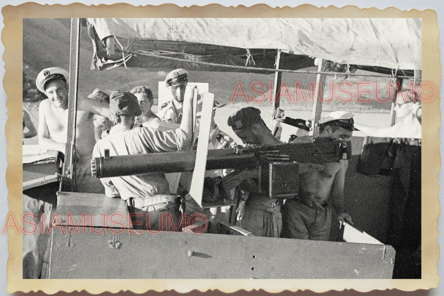 40s WW2 Vietnam FRANCE TOPLESS NAVY WARSHIP SHIP MACHINE GUN Vintage Photo 25876