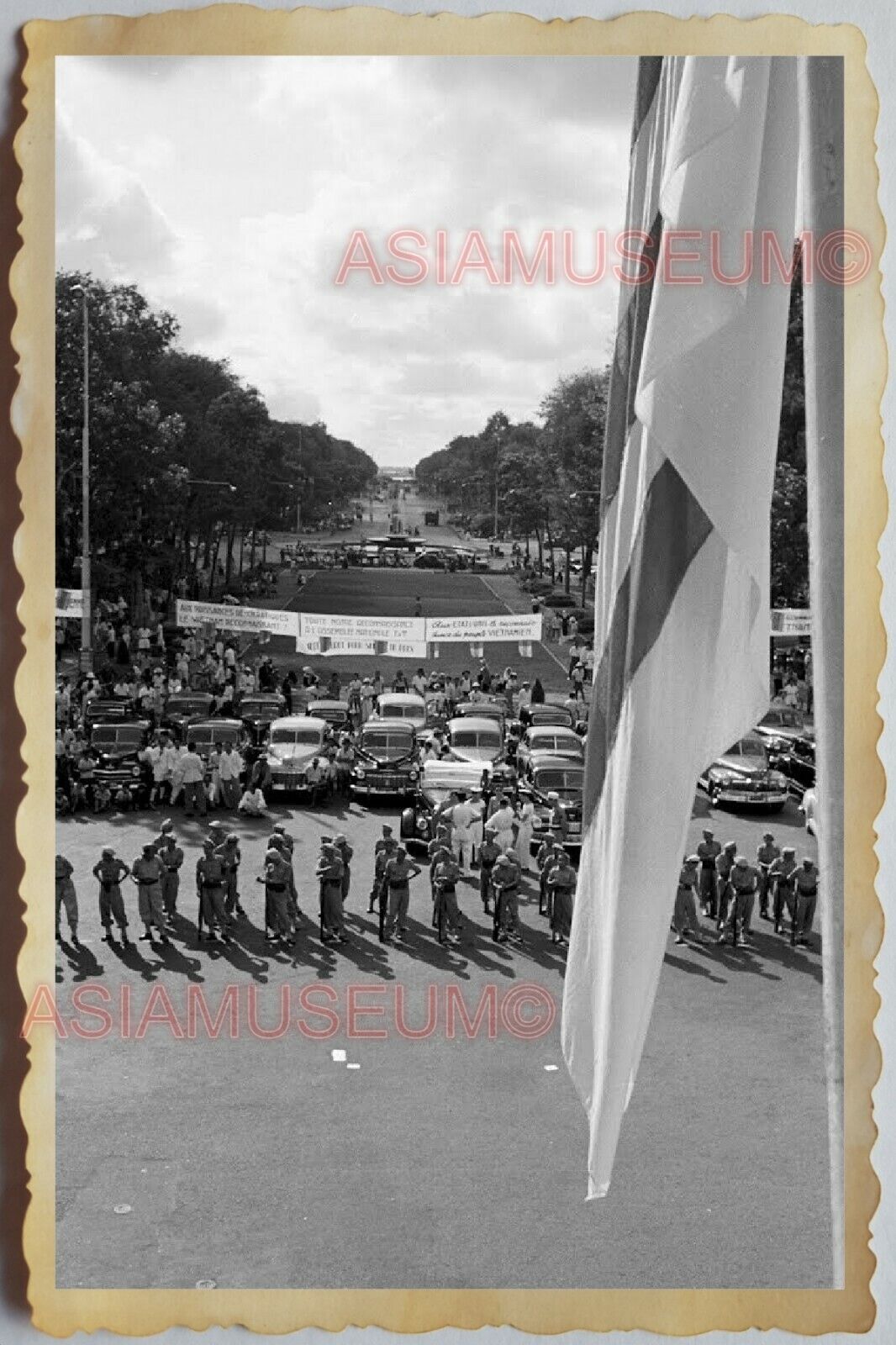 40s Vietnam War SAIGON HO CHI MINH CITY HALL ARMY FLAG CAR  Vintage Photo 1578