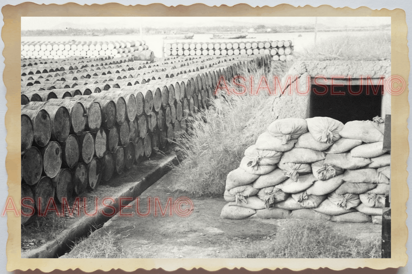 40s WW2 Vietnam TEXACO OIL BARREL REFINERY AIR RAID SHELTER Vintage Photo 04270