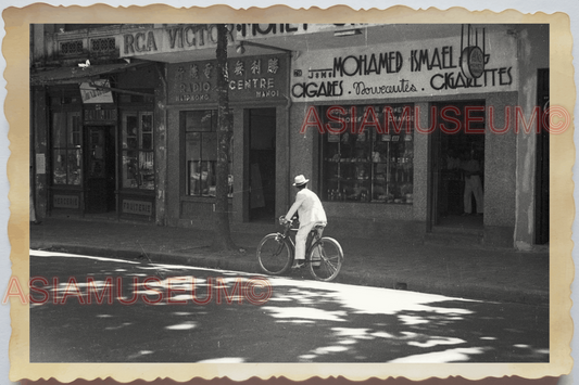 40s Vietnam HAI PHONG STREET SCENE MAN BICYCLE CIGAR SHOP OLD Vintage Photo 4361