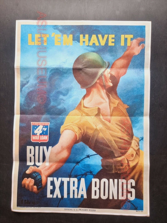 1943 WW2 USA AMERICA BUY EXTRA BONDSARMY SOLDIER BOMB GRENADE  PROPAGANDA POSTER