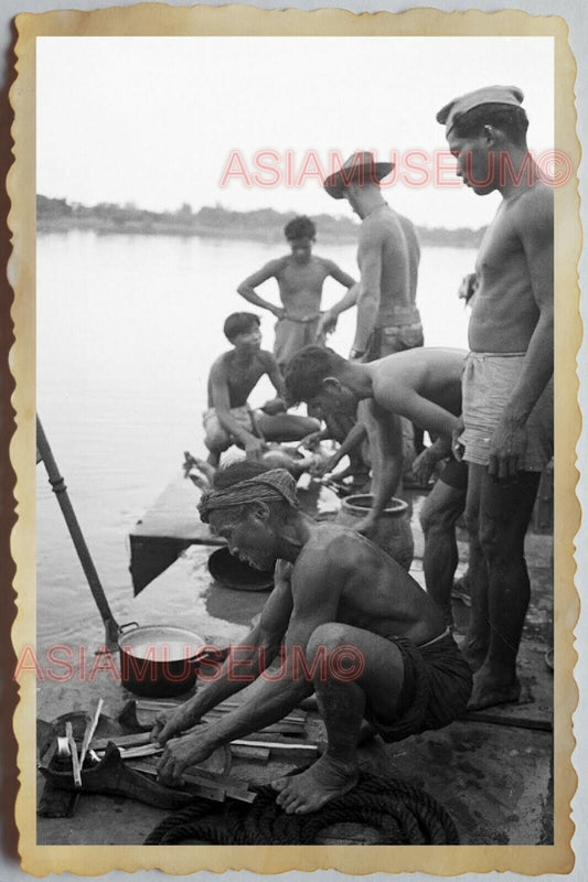 50s Vietnam SAIGON ARMY SOLDIER BOAT GROUP TOPLESS COOKING  Vintage Photo #862