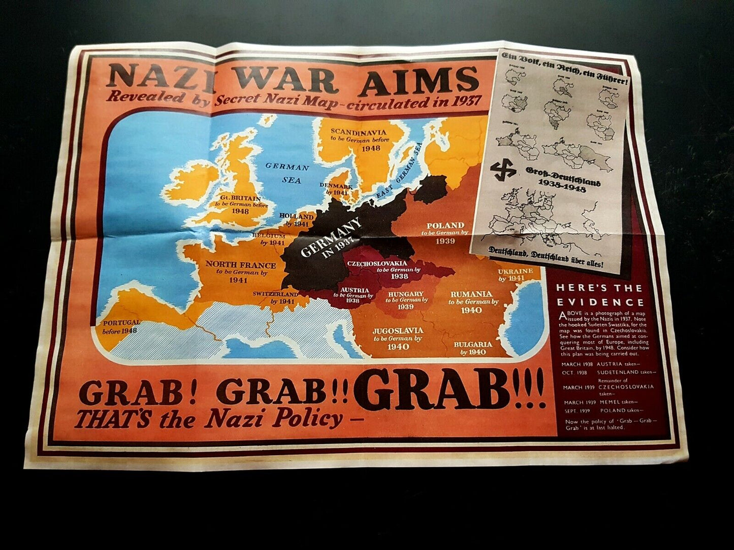 1943 WW2 AMERICA BRITAIN FRANCE POLAND WAR EUROPE MAP SPAIN UK PROPAGANDA POSTER