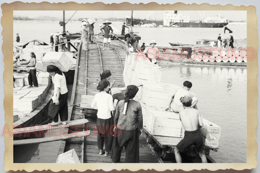 40s WW2 Vietnam SHIP PIER HARBOR WOMEN COOLIE CARGO RAIL OLD Vintage Photo 04419