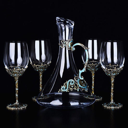 Set Antique Renaissance Vintage 4 Brass Turquoise Crystal Glass Decanter Wine