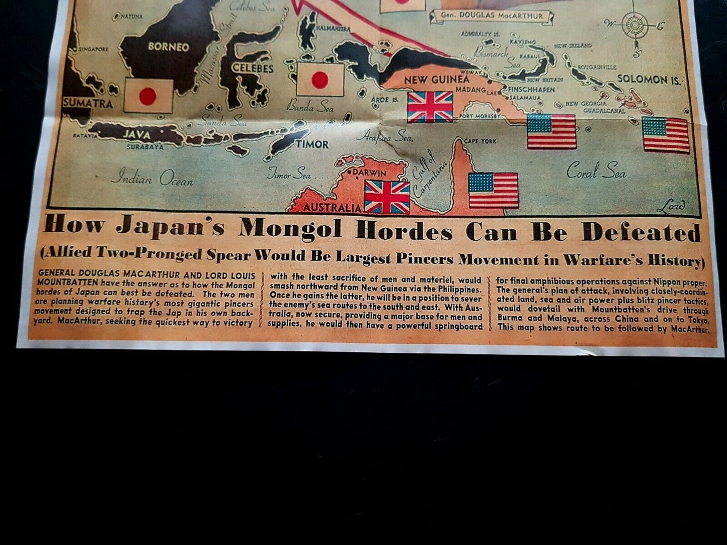 1942 WW2 AMERICA PACIFIC WAR MACARTHUR JAPAN FLAG NAVY WARSHIP PROPAGANDA POSTER