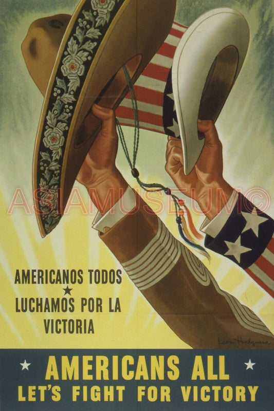 1943 WW2 USA SOUTH AMERICA MEXICO ARMY HAT WAR FLAG SOLDIER PROPAGANDA Postcard