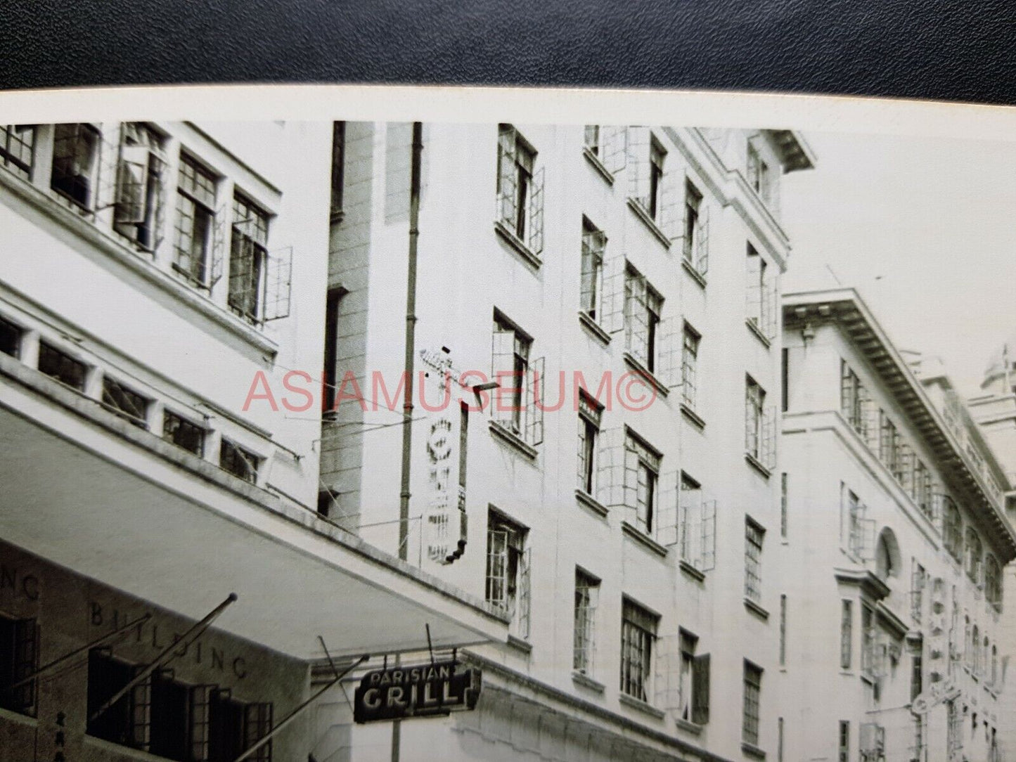 Car Bus America Building Queen's Road  Hong Kong Photo b&w Postcard RPPC 1590