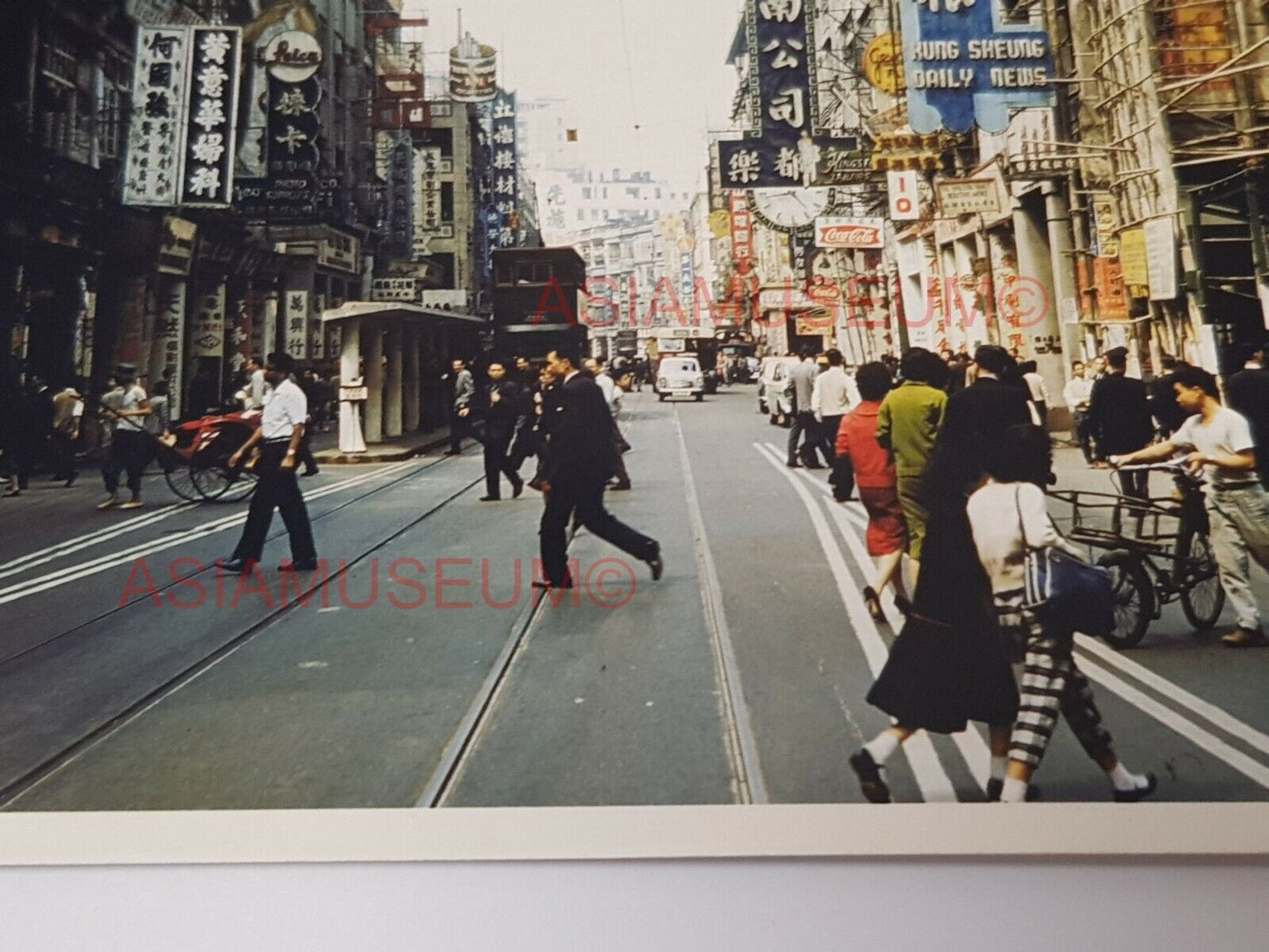 50s Des Voeux Road Bus Tram Car Street Sign Shop Hong Kong Photo Postcard RPPC