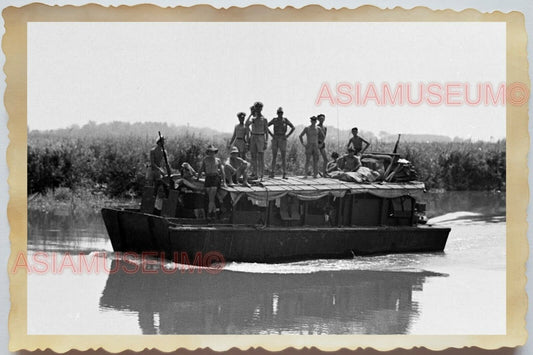 50s Vietnam Saigon Ho Chi Minh Group Army Topless Man Boat Car Vintage Photo 826