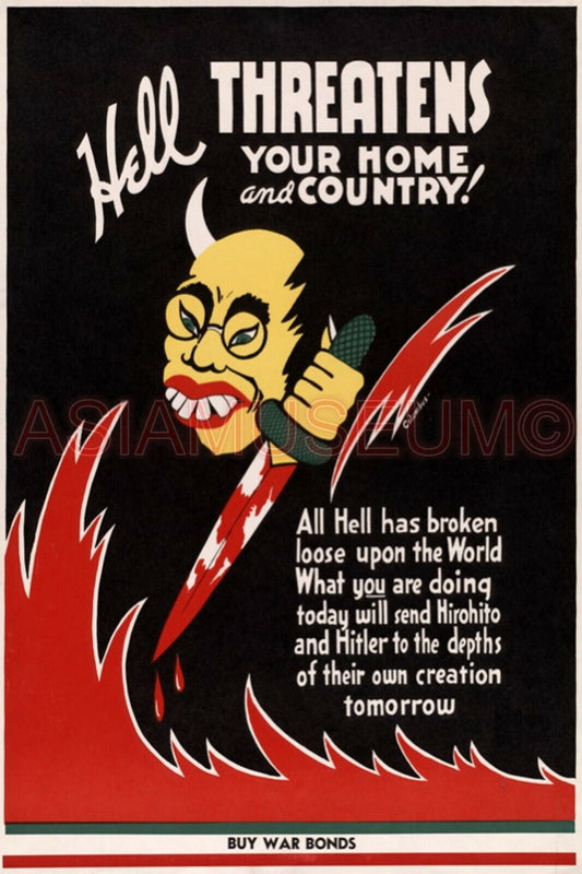 1942 WW2 USA AMERICA BUY WAR BONDS HIROHITO DEVIL KNIFE HELL PROPAGANDA Postcard