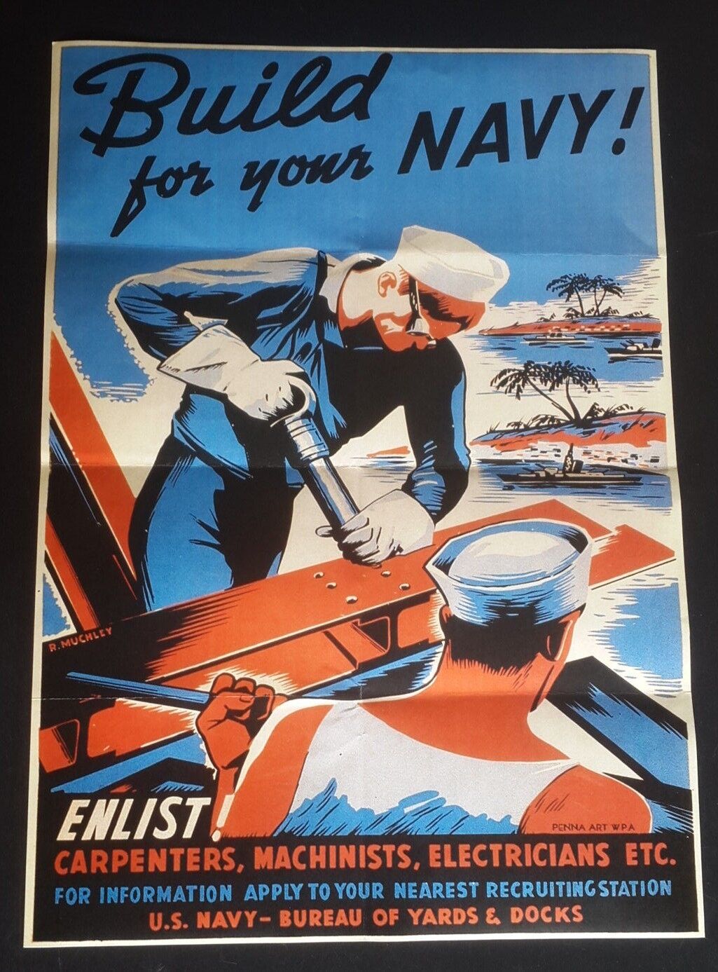 1941 WW2 USA AMERICA NAVY MARINE WORKER ARMY SOLDIER WAR SHIP  PROPAGANDA POSTER