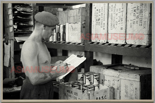 40's HONG KONG ROYAL BRITISH ARMY CANS FOOD TOPLESS MAN 香港旧照片 Postcard RPPC 1432
