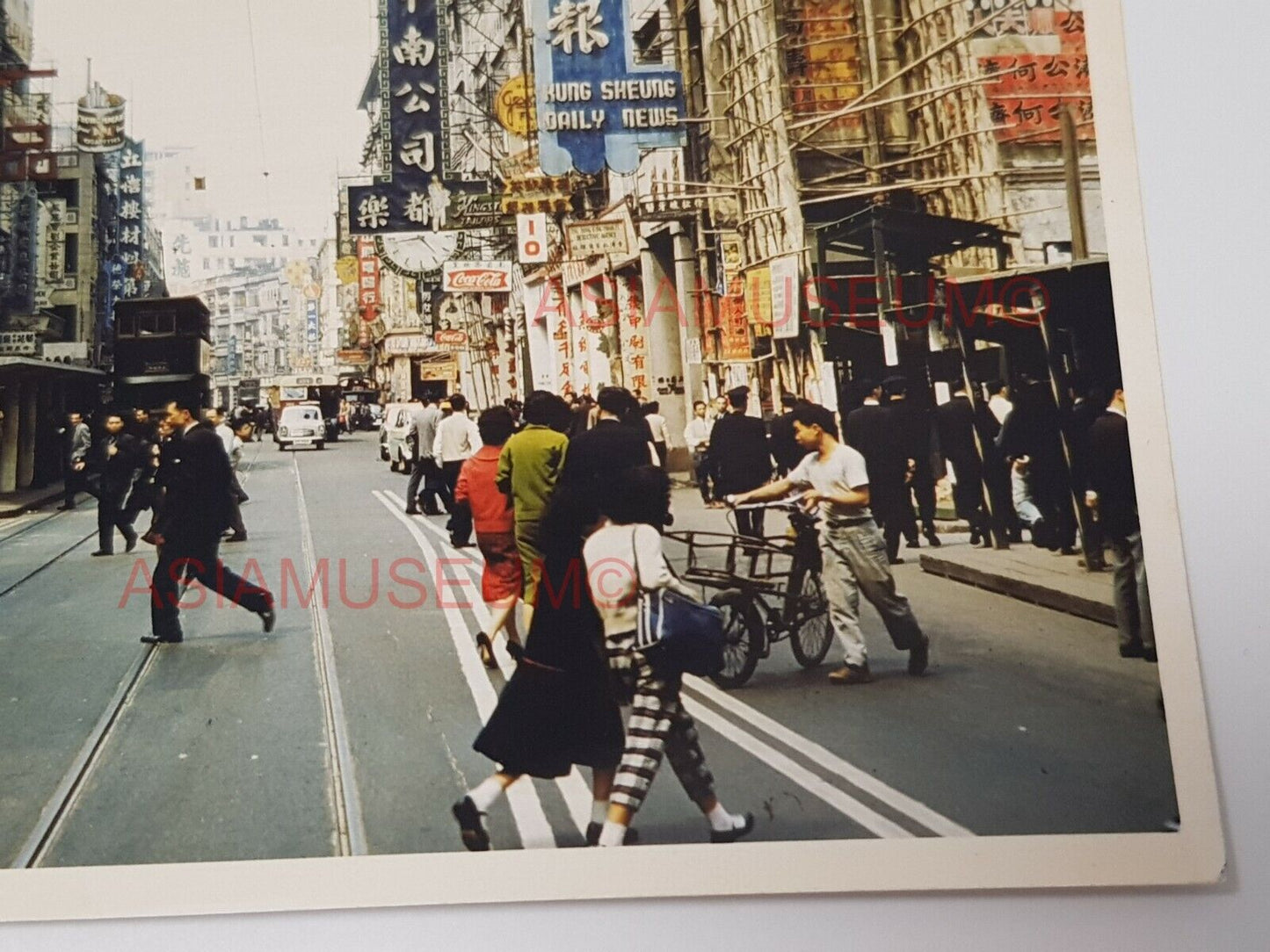 50s Des Voeux Road Bus Tram Car Street Sign Shop Hong Kong Photo Postcard RPPC