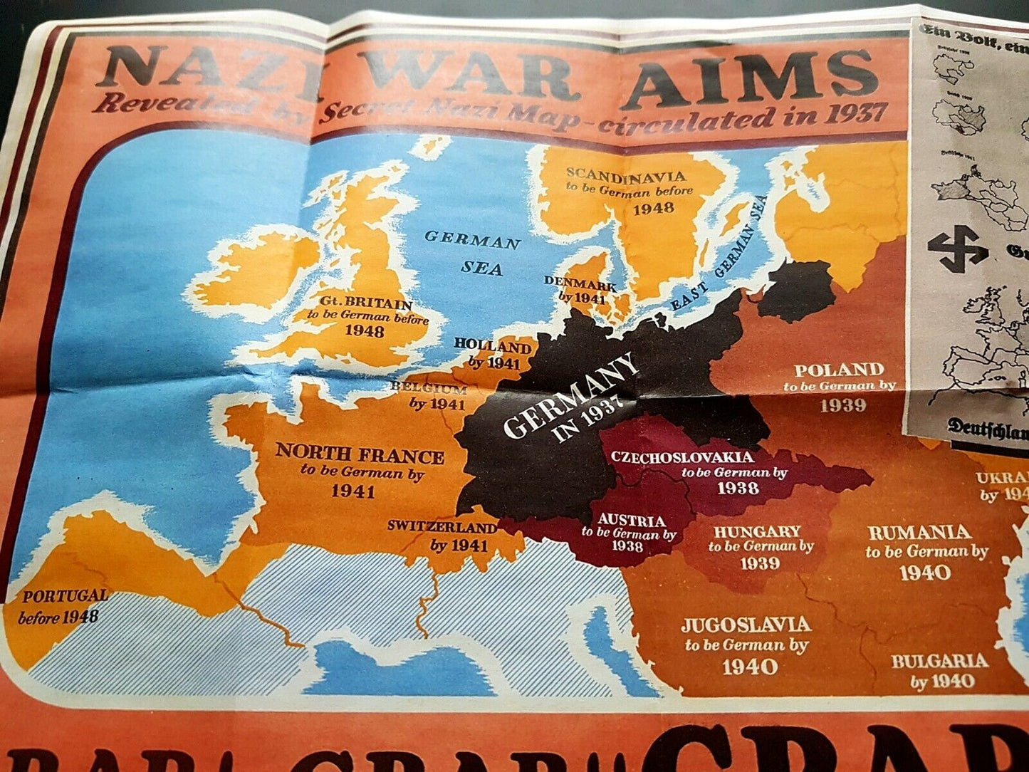 1943 WW2 AMERICA BRITAIN FRANCE POLAND WAR EUROPE MAP SPAIN UK PROPAGANDA POSTER