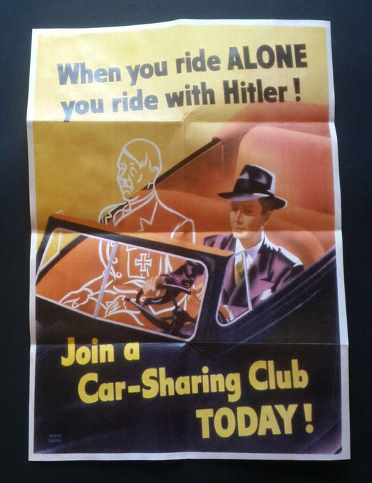 1943 WWii USA AMERICA CAR POOL OPEN TOP WAR II DRIVER CARTOON PROPAGANDA POSTER