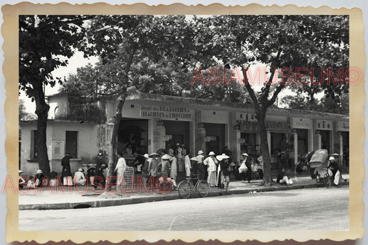 40s WW2 Vietnam HANOI STREET SCENE SHOP BICYCLE MARKET OLD Vintage Photo 04288