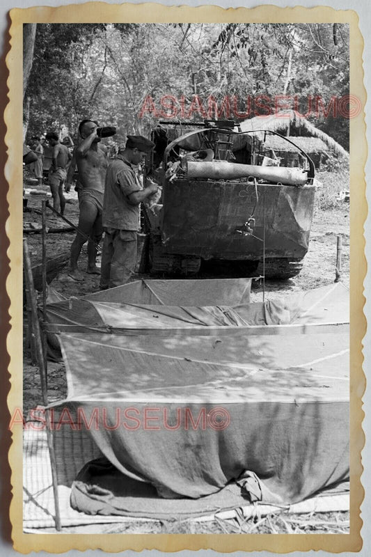 50s Vietnam SAIGON GROUP MEN ARMY SOLDIER TANK TRUCK RIFLE OLD Vintage Photo 667