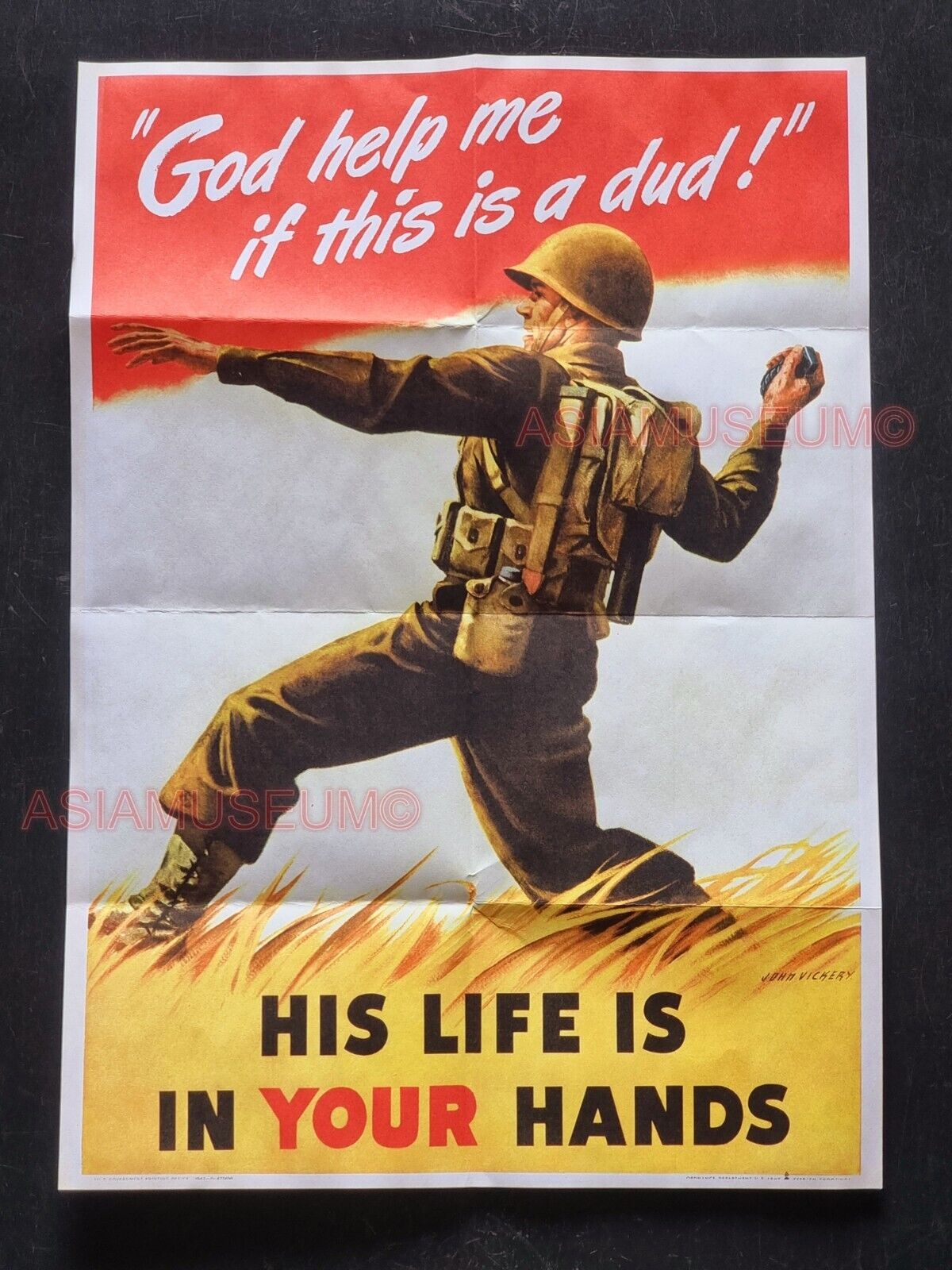 1943 USA AMERICA ARMY SOLDIER NAVY WAR ZONE BOMB GUN BATTLE PROPAGANDA POSTER