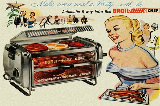 1950s INFRARED BROIL QUIK BARBEQUE BBQ WOMEN STEAK EGG Ads Vintage Postcard #129