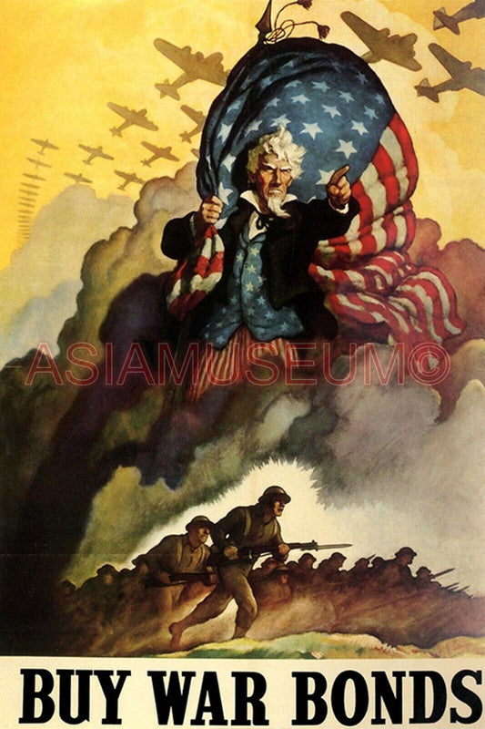 1944 WW2 USA AMERICA UNCLE SAM BUY WAR BONDS AIRCRAFT FLAG PROPAGANDA Postcard