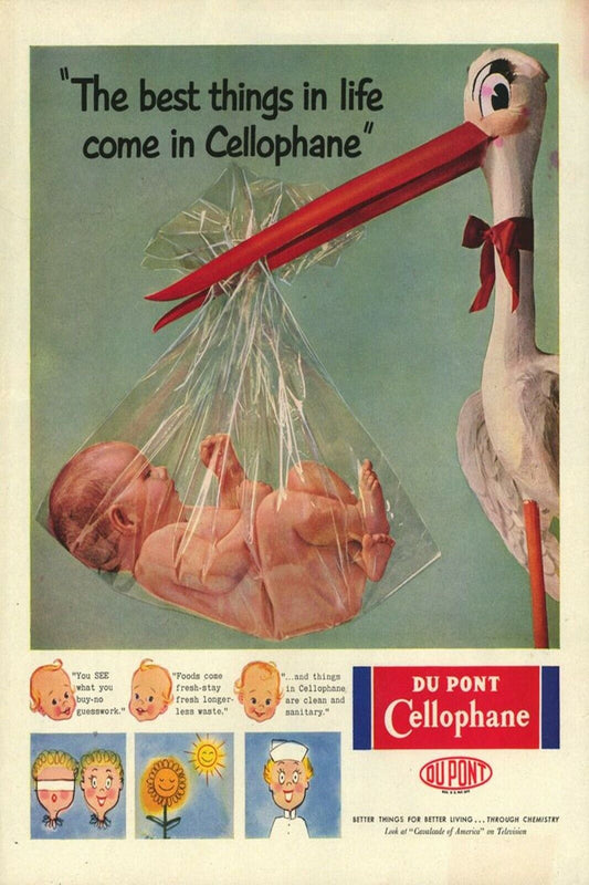 1950s DUPONT CELLOPHANE BABY CRANE DELIVERY BOW TIE Ads Vintage Postcard #128