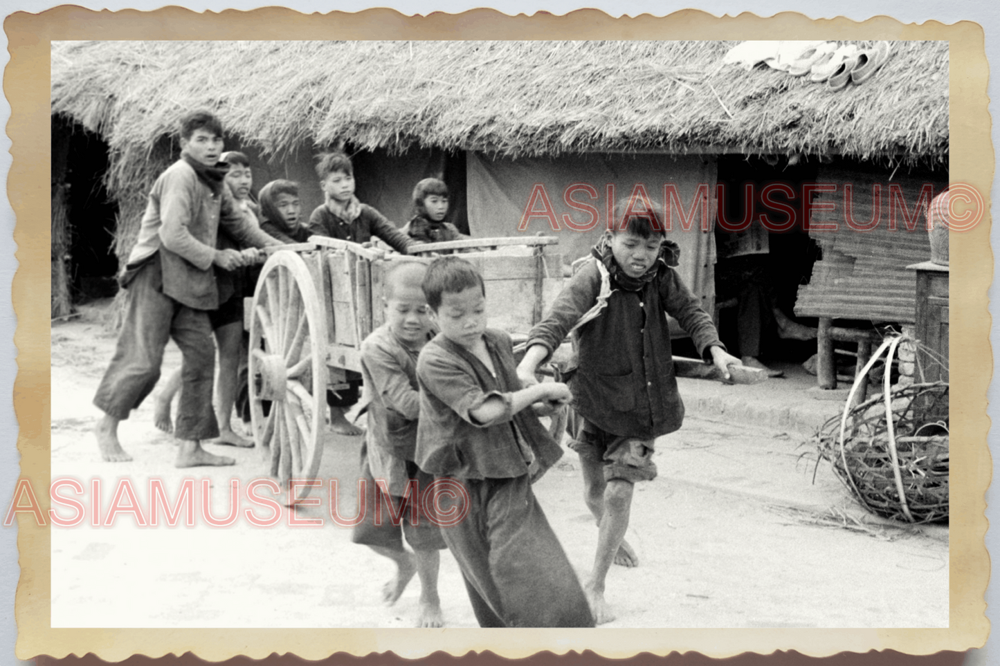 40s WW2 Vietnam WAR REFUGEE YOUNG MAN BOYS PULL CART VILLAGE Vintage Photo 30086