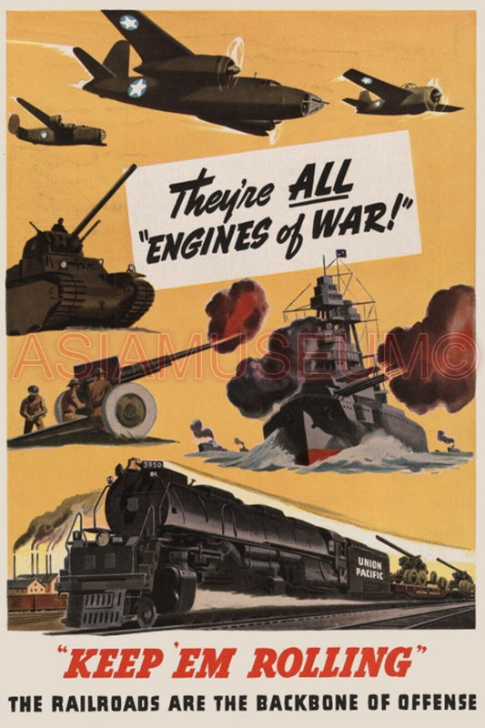 1942 WW2 USA AMERICA RAILROAD TRAINS WARSHIP TANK GUN CANNON AIRCRAFT  Postcard