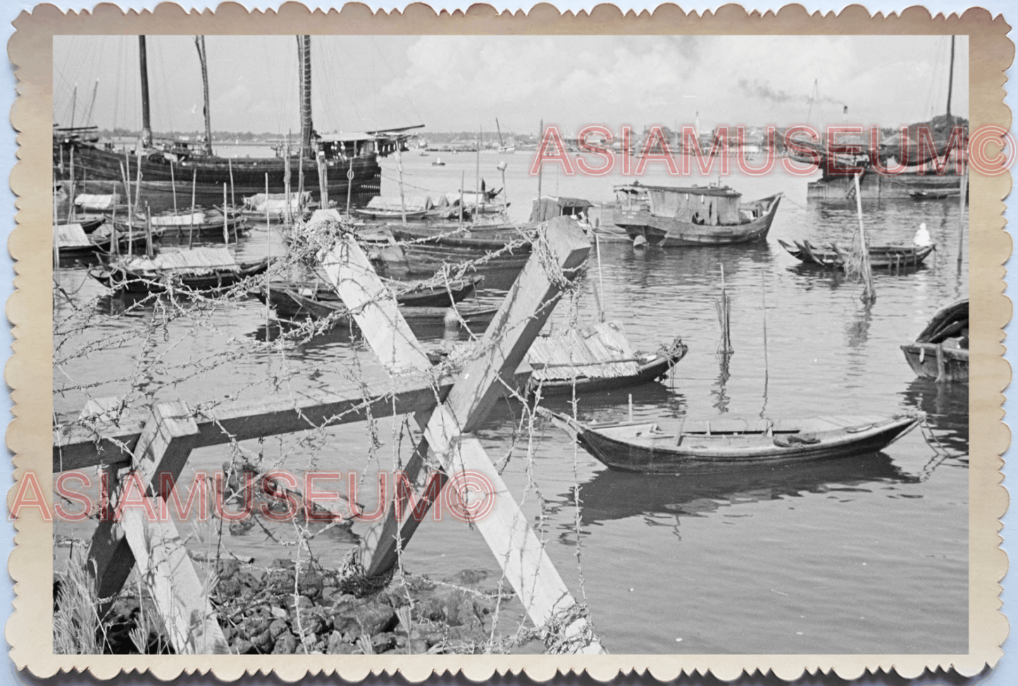 WW2 Port Boat House Pier Docked Sampan Ship B&W Vintage Singapore Photo 17557