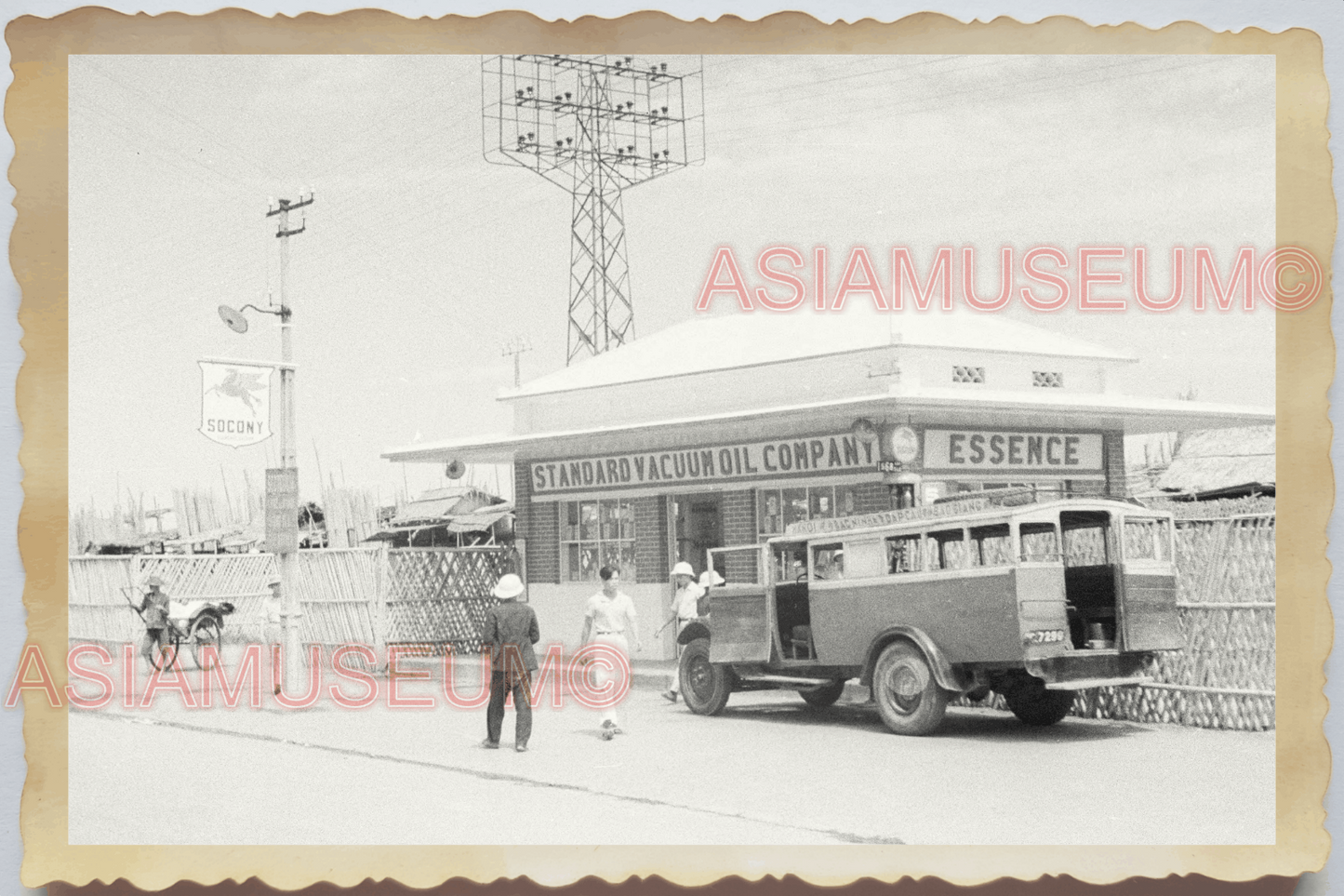 40s Vietnam MOBIL STATION OIL GAS GASOLINE COMPANY TRUCK CAR Vintage Photo 4379