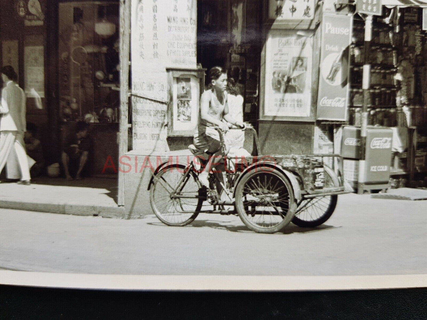 Street Scene Ads Sign Trishaw Road Vintage B&W Hong Kong Photo Postcard RPPC