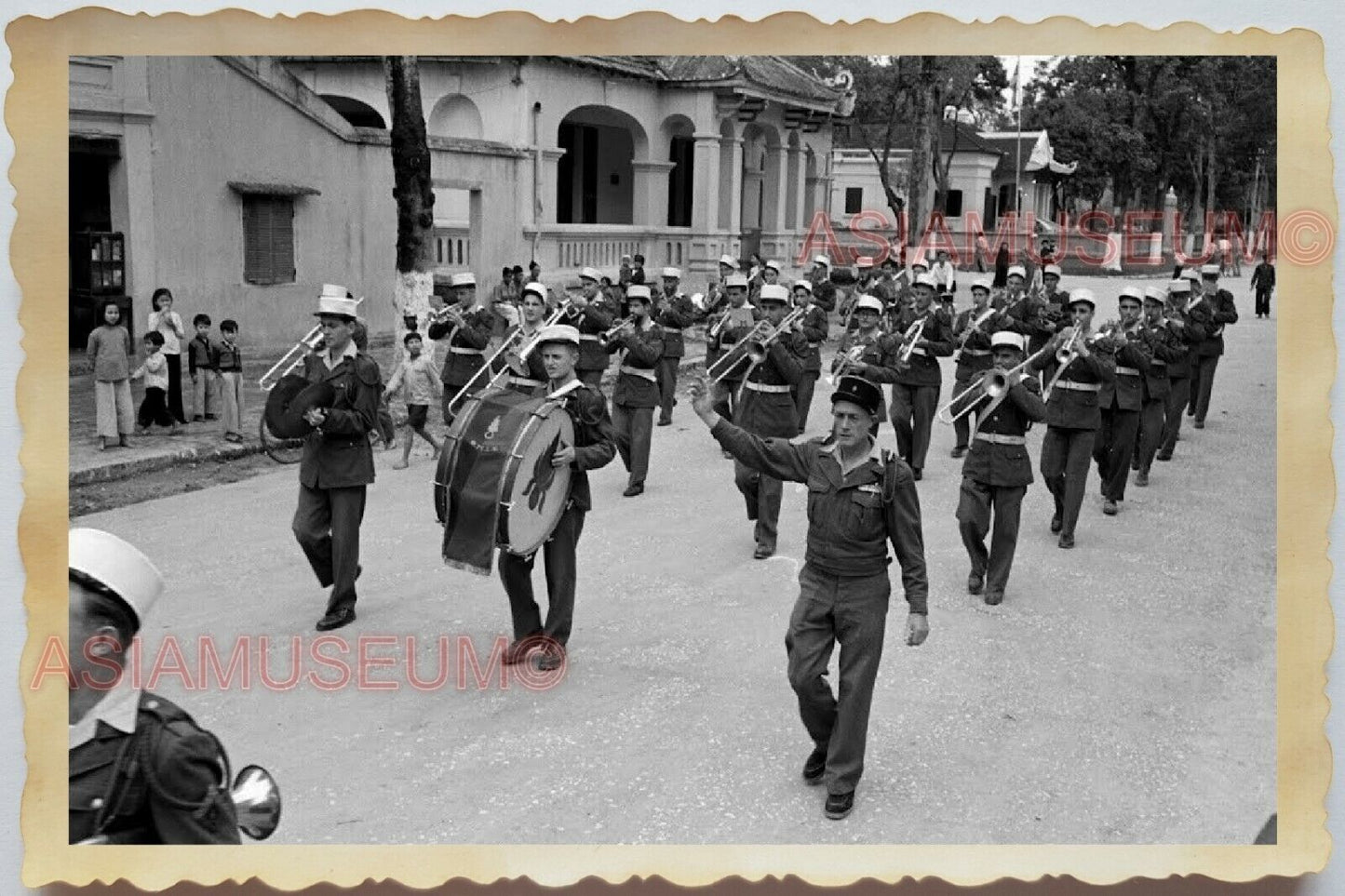 50s Vietnam SAIGON STREET SCENE BOY SCOUT BAND FRENCH GIRL Vintage Photo #1432