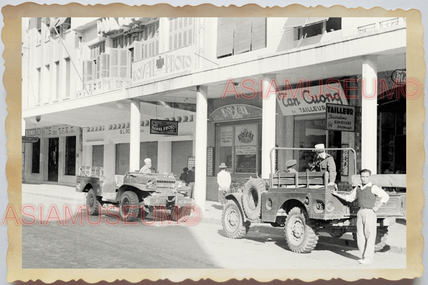 40s WW2 Vietnam HA LONG BAY STREET SCENE TRUCK JEEP SHOP OLD Vintage Photo 25241