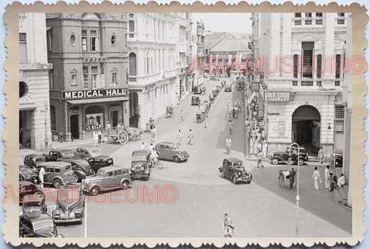 WW2 City Street Scene Car Rickshaw Building  Vintage B&W Singapore Photo 17649