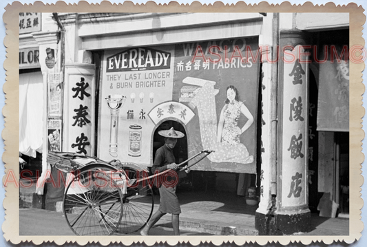 WW2 Street Scene Shop Rickshaw Ads Sign Women B&W Vintage Singapore Photo 17553