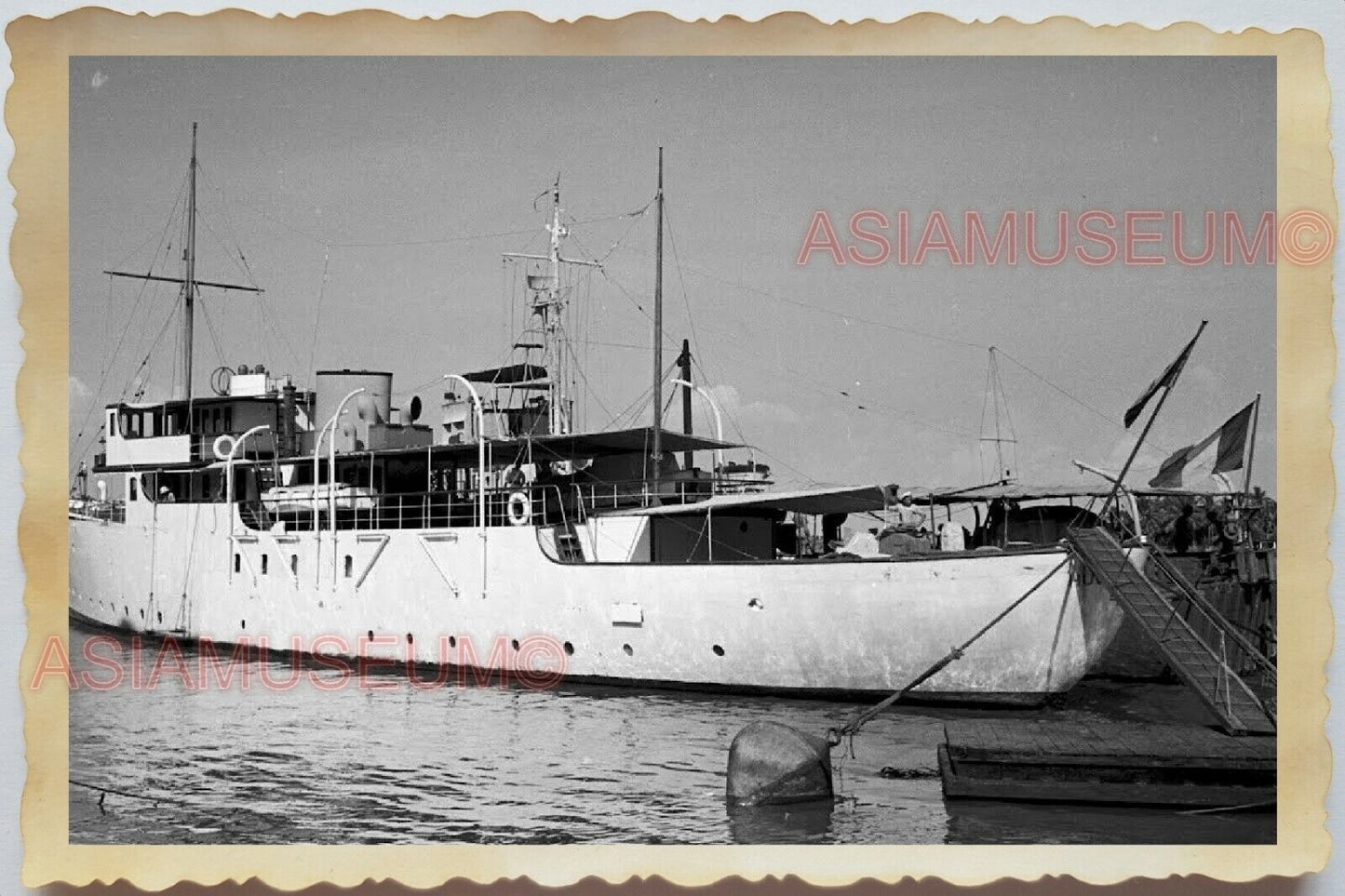 50s Vietnam War Saigon French Army Navy Flag Warship Ferry Vintage Photo #1075