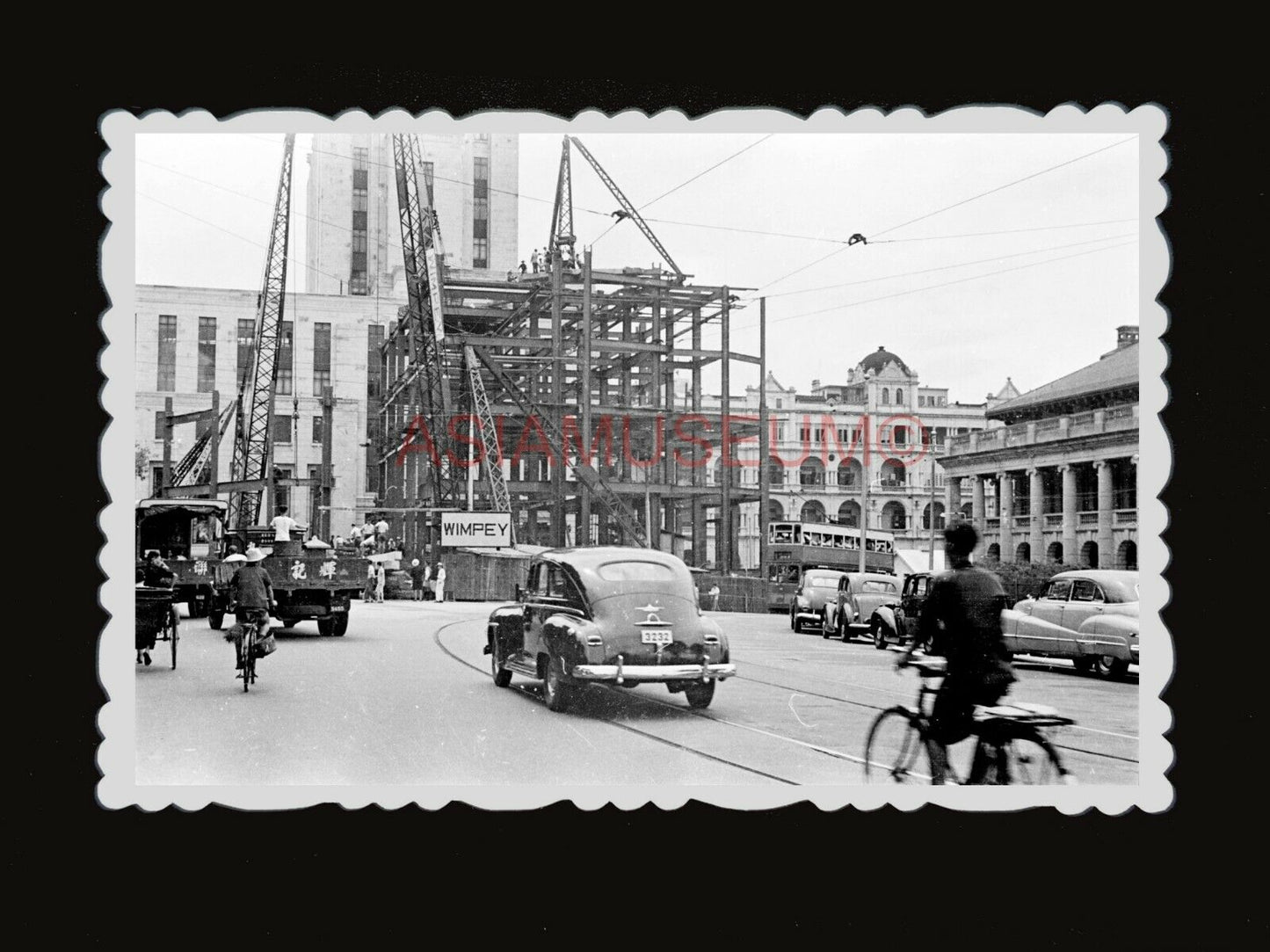 50s British Colonial Building Car Bicycle Bridge Bus Hong Kong Photo 香港老照片 1419