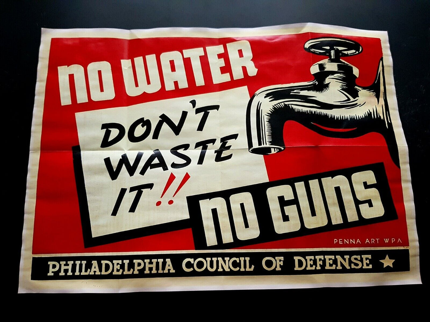 1942 WW2 USA PHILADELPHIA COUNCIL DEFENSE WATER GUNS TANK FLAG PROPAGANDA POSTER