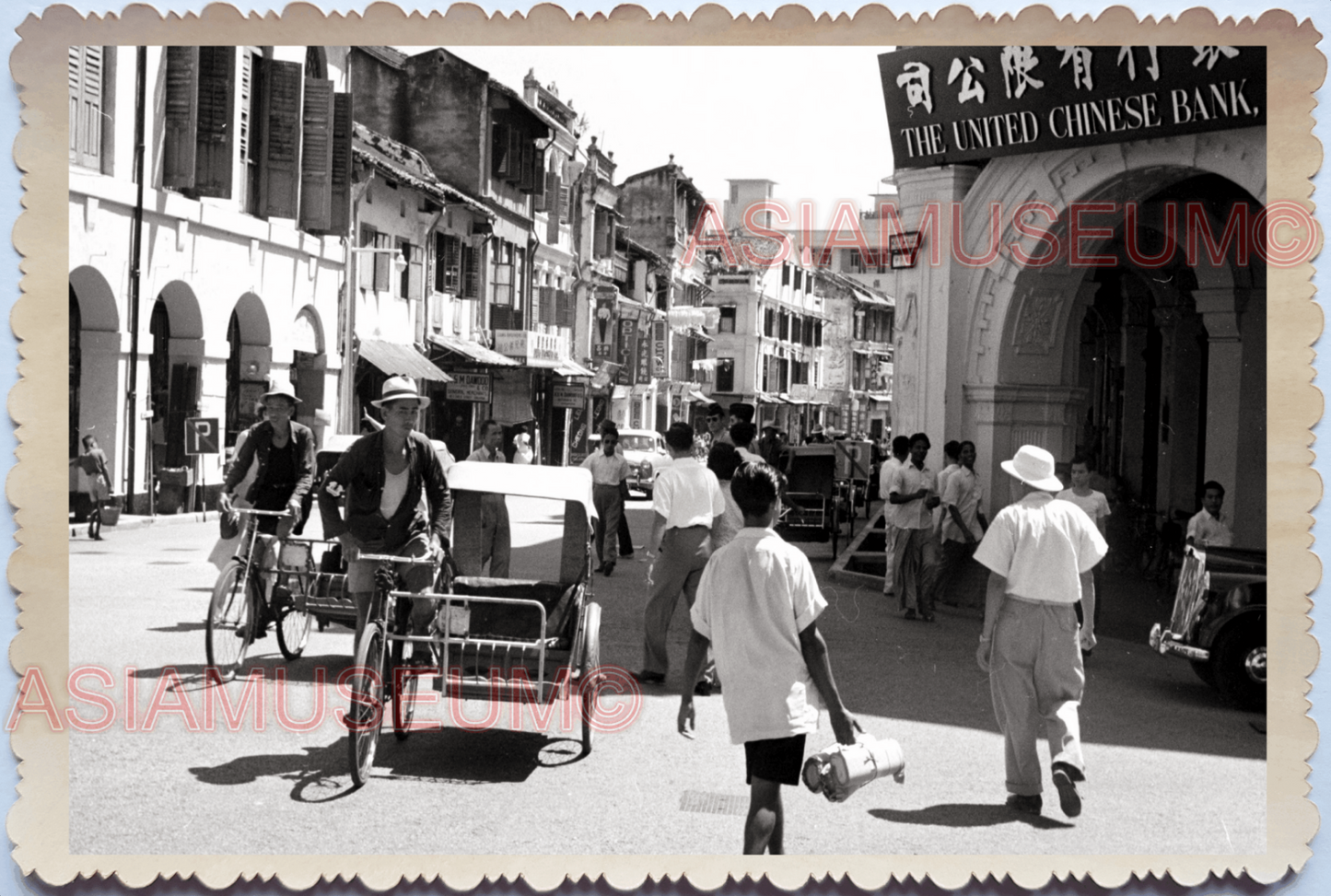 WW2 Trishaw United Chinese Bank Street Scene Building Shop Singapore Photo 27723