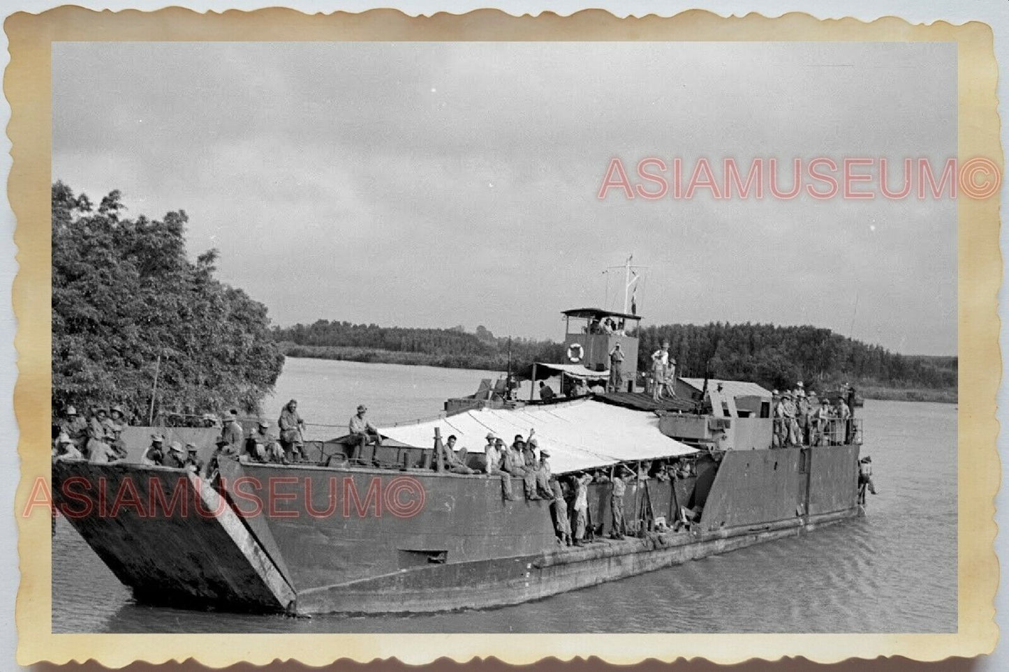 50s Vietnam War Saigon Mekong River Warship Army Soldier War Vintage Photo #876