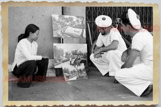 50s Vietnam SAIGON STREET SCENE VENDOR PAINTING LADY SAILOR Vintage Photo 1307