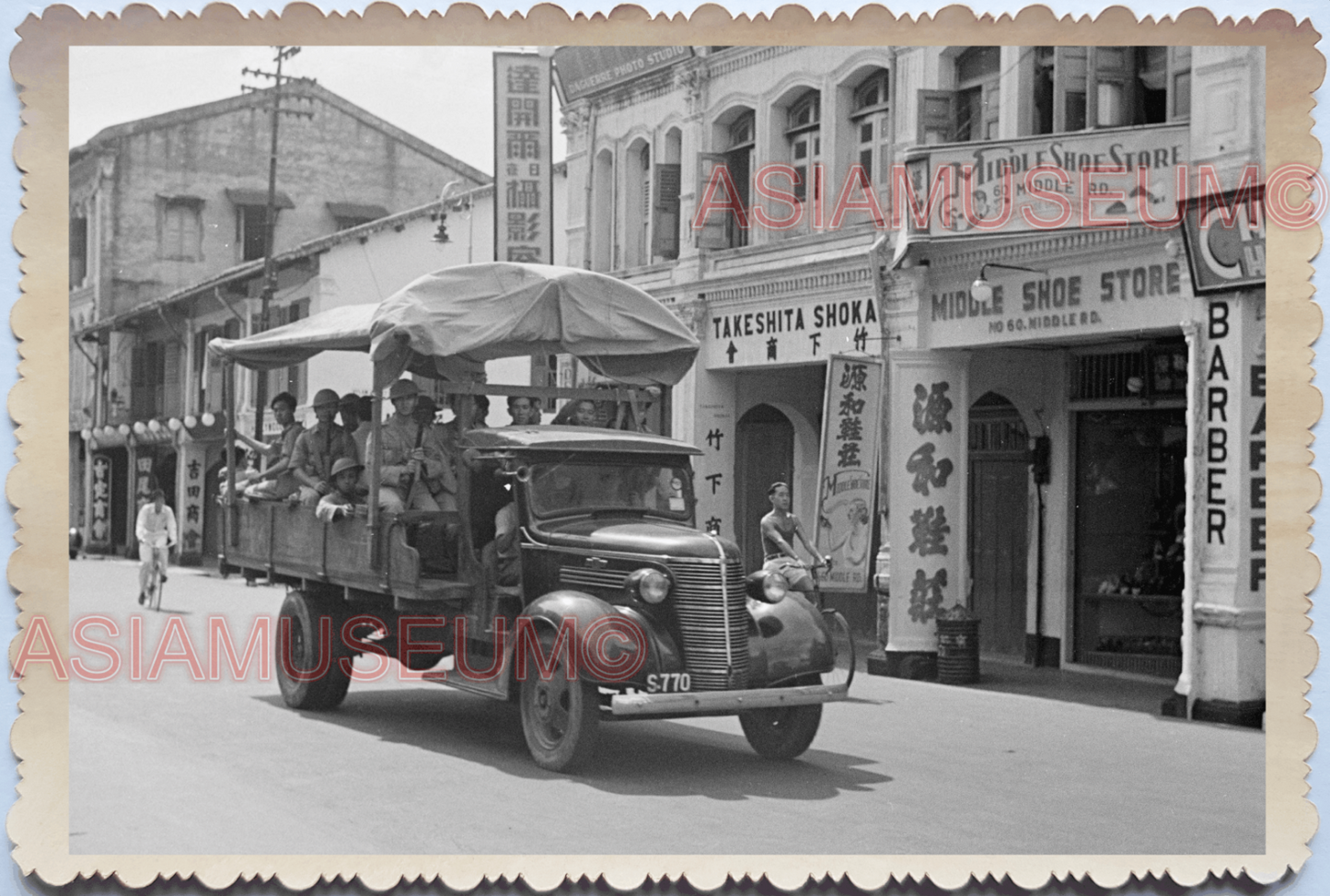 WW2 British Colonial Building Truck Army Soldier  Vintage Singapore Photo 17551